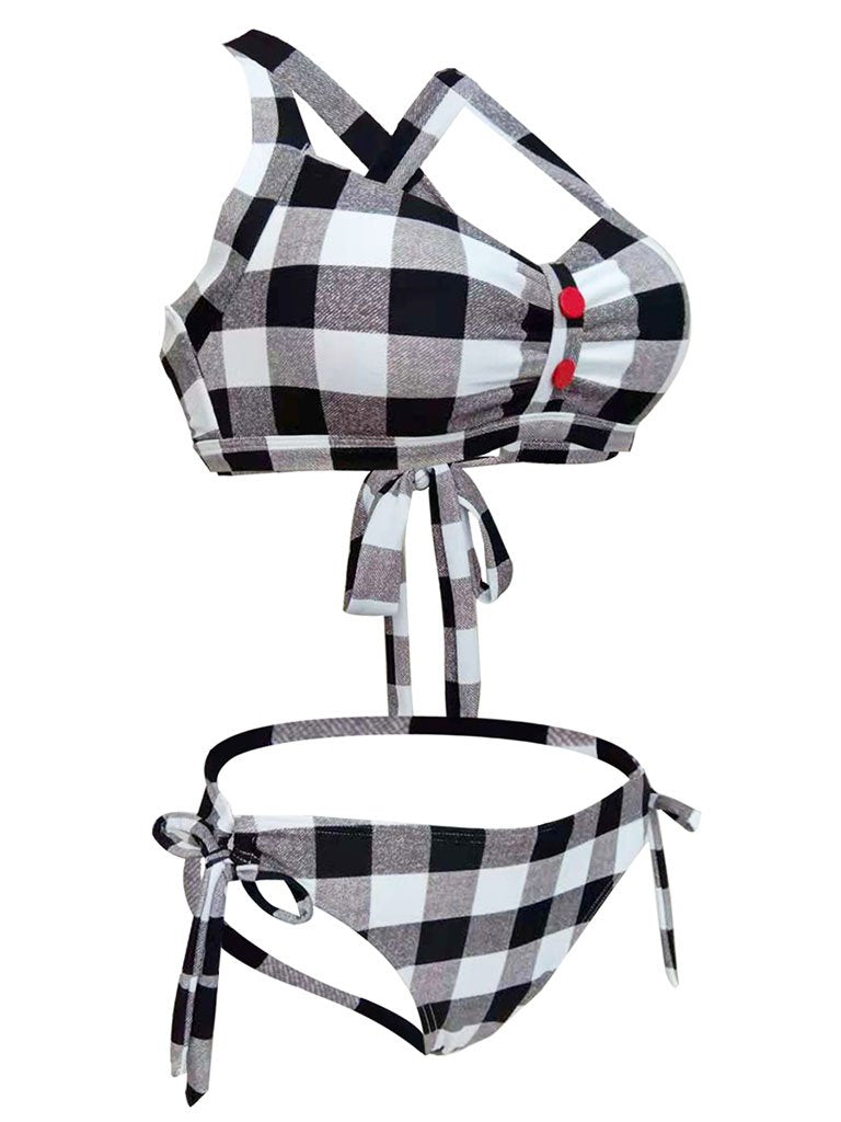 High Waisted Retro Style Backless Plaid Two Pieces Bikini Sets