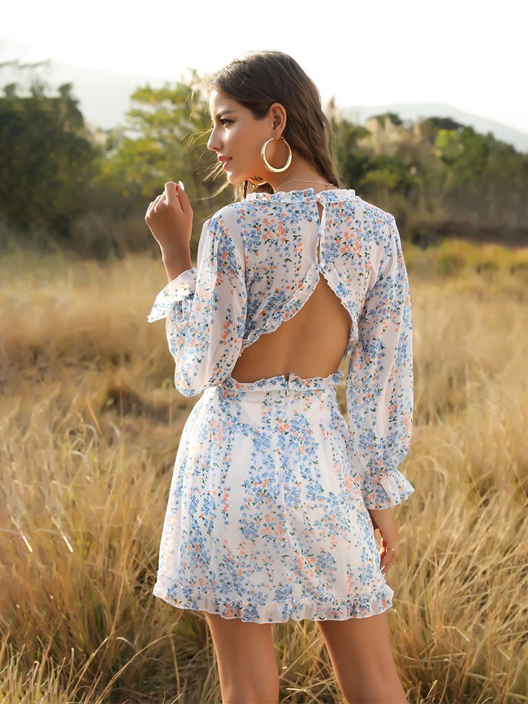 Deep V Ruffles Backless Long Sleeve Summer Boho Dress