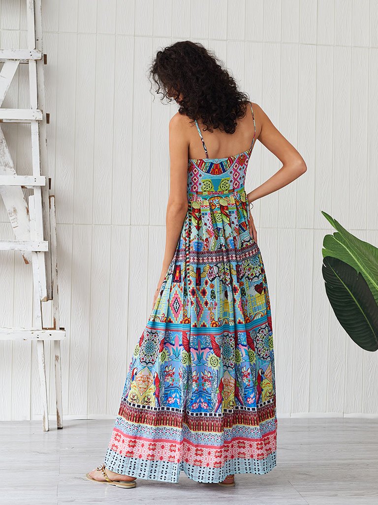 Boho Dress Spaghetti Strap Bow Split Floral Printed Maxi Dress