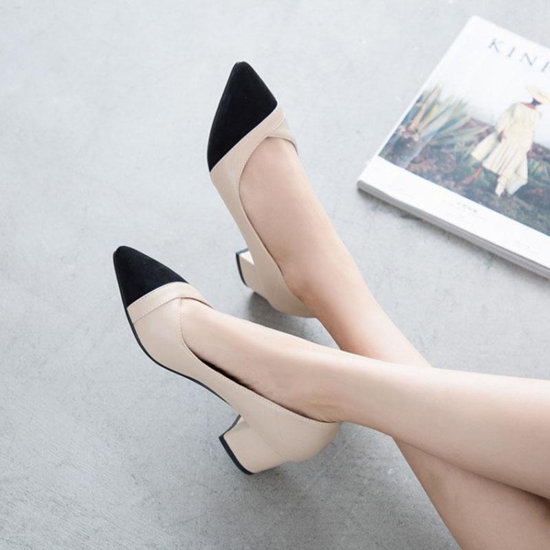 Heel Chunky Heel Pointed Cap-Toe PU Leather