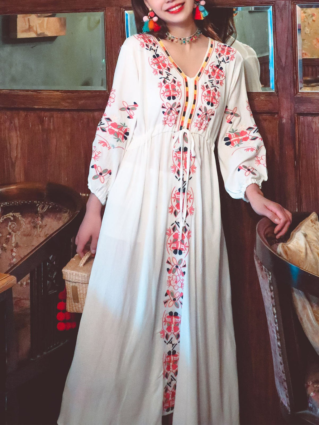 Bohemian Embroidered Floral V Neck Long Sleeve Cotton Boho Maxi Dress