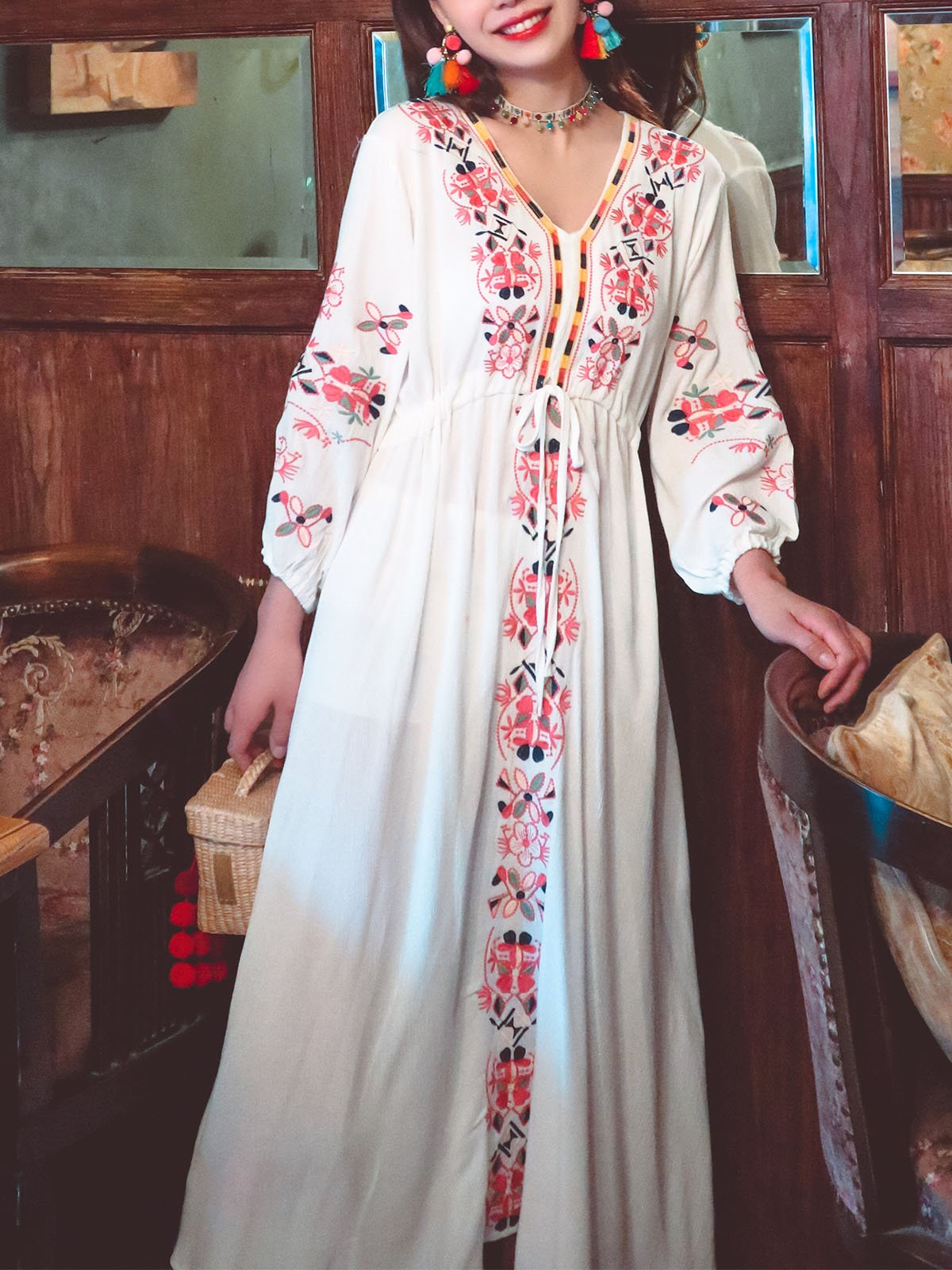 Bohemian Embroidered Floral V Neck Long Sleeve Cotton Boho Maxi Dress