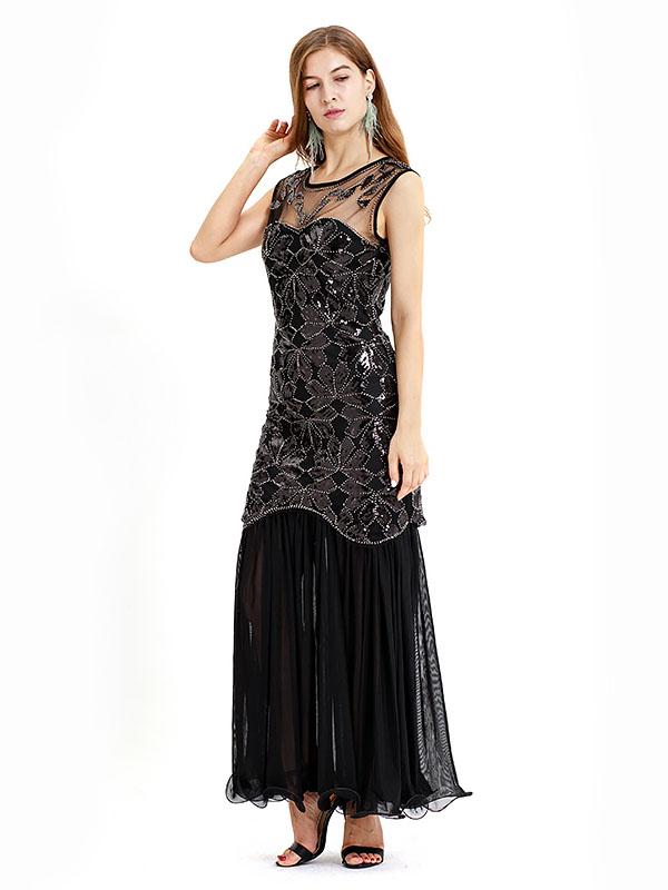 Black Gold 1920s Crew Neck Sequined Flapper Dres