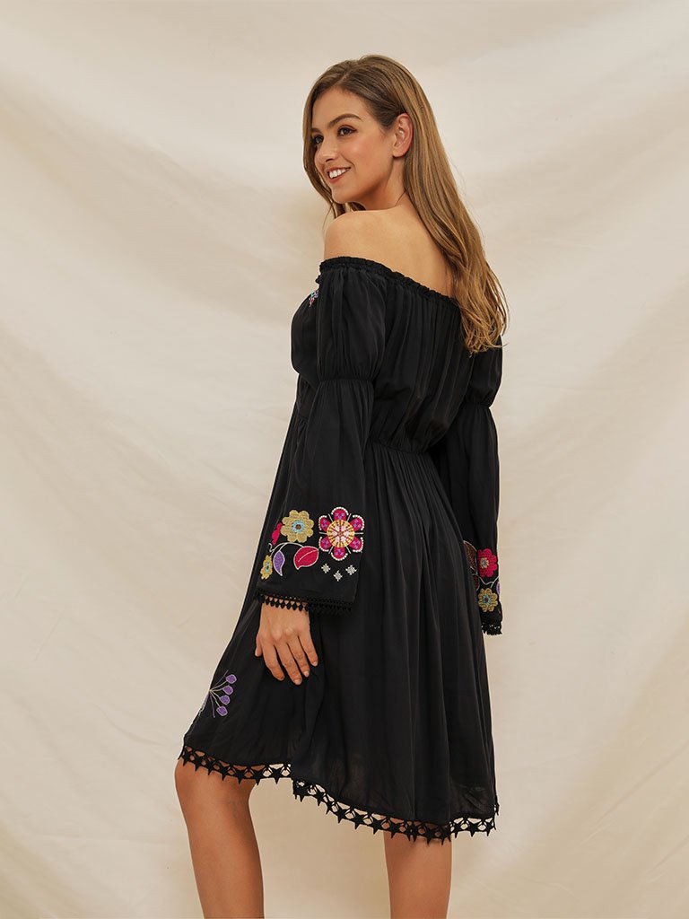 Boho Dress Black Off Shoulder Floral Embroidered Dress