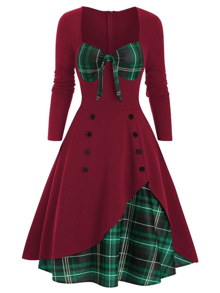 1950S Bow Heart Collar Plaid Long Sleeve Swing Dress
