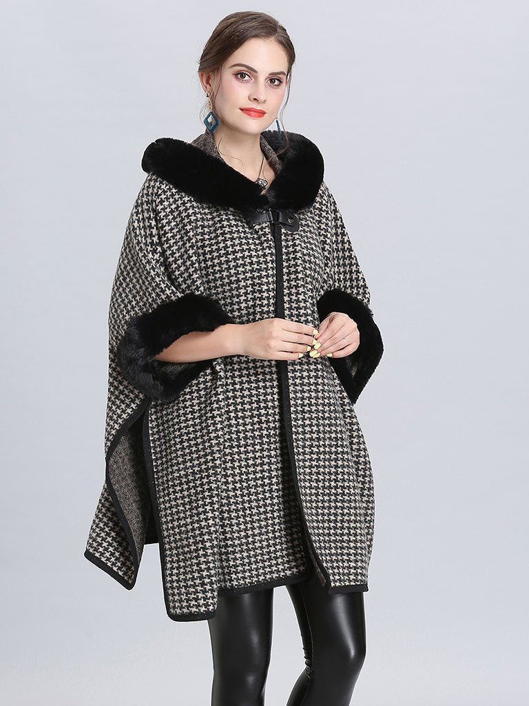 Faux Fur Coat Wool Cape Coat Hooded Long Sleeve Gingham Overcoat
