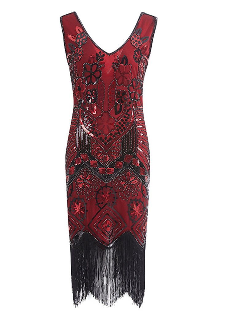 1920S Floral Fringed Sequin Gatsby Dress