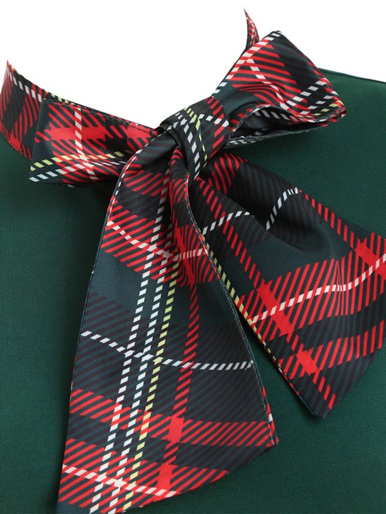 1950S Bow Collar Plaid Swing Dress