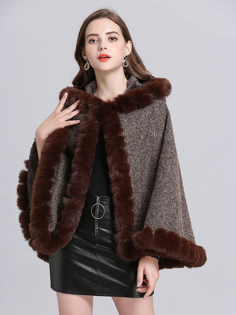 Hooded Winter Coat Faux Fur Long Sleeve Open Front Luxurious Cape Coat For Women