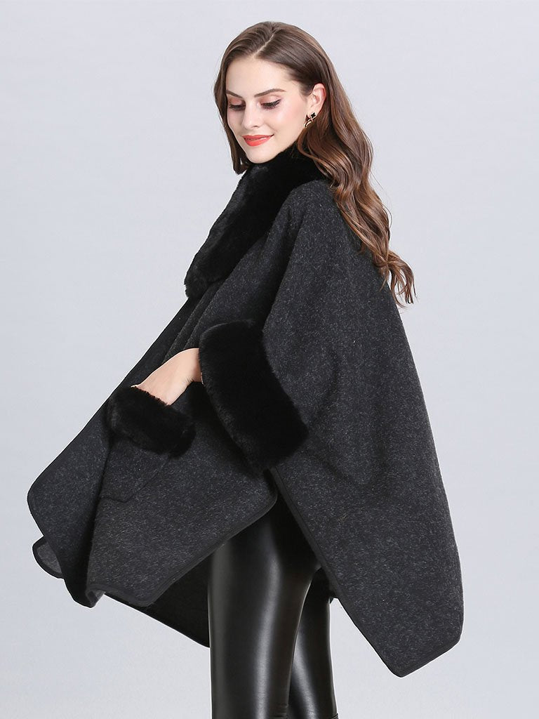 Poncho Knitwear Faux Fur Coat Shawl Collar Sweaters