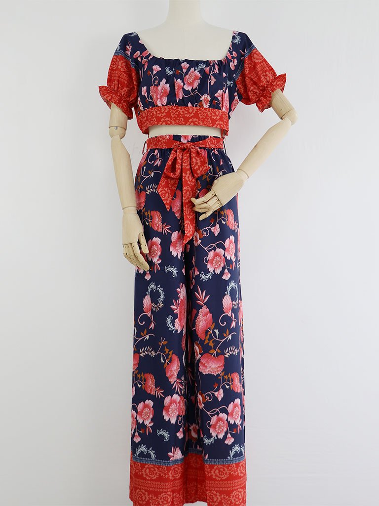 2 Pieces Boho Outfits Cropped Floral Printed Beach Wear For Women