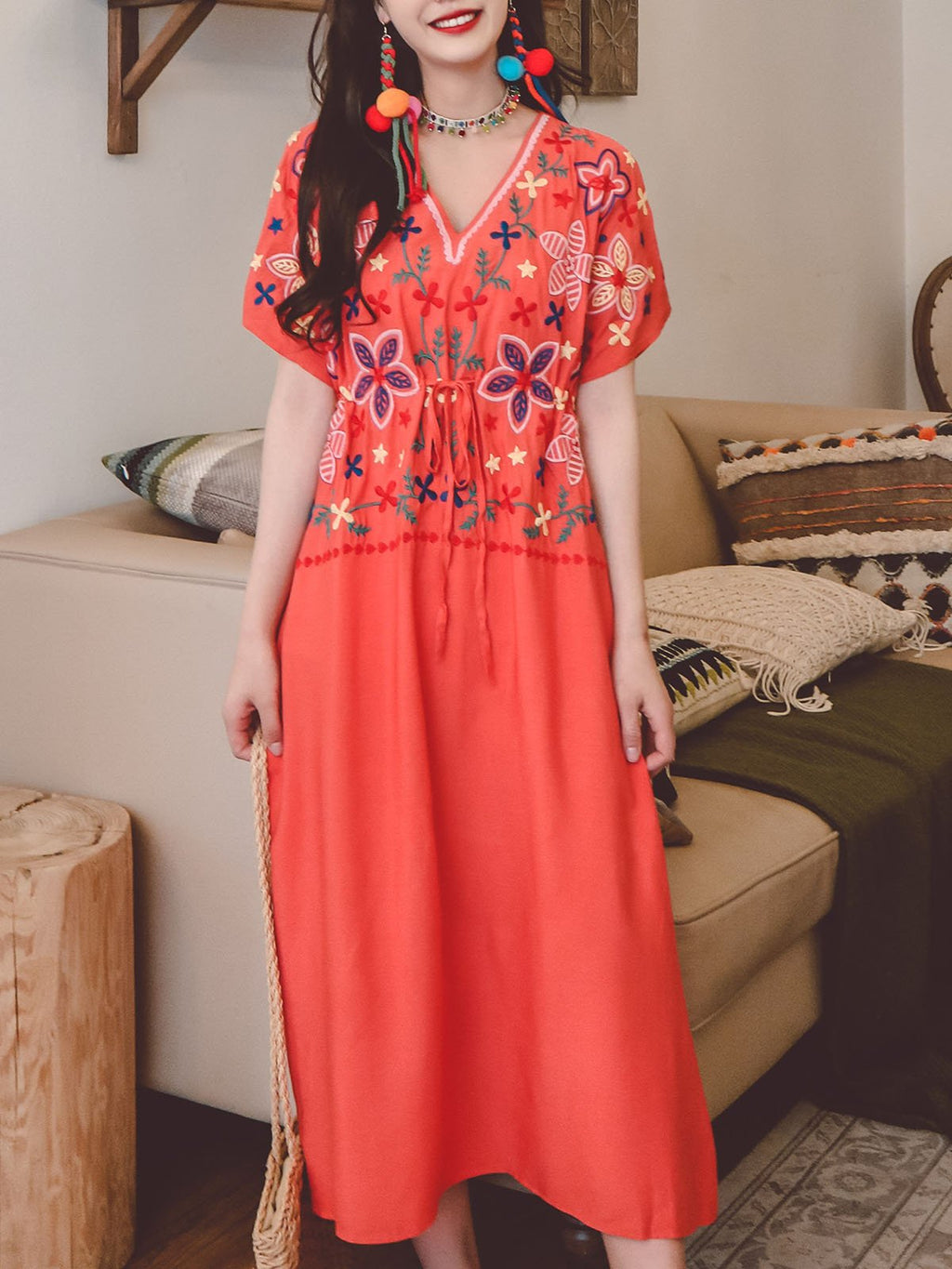 Jolly Vintage Bohemian V Neck Embroidered Floral Short Sleeve Boho Dress