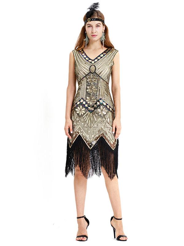 Black Silver 1920s V Neck Sequined Flapper Dres
