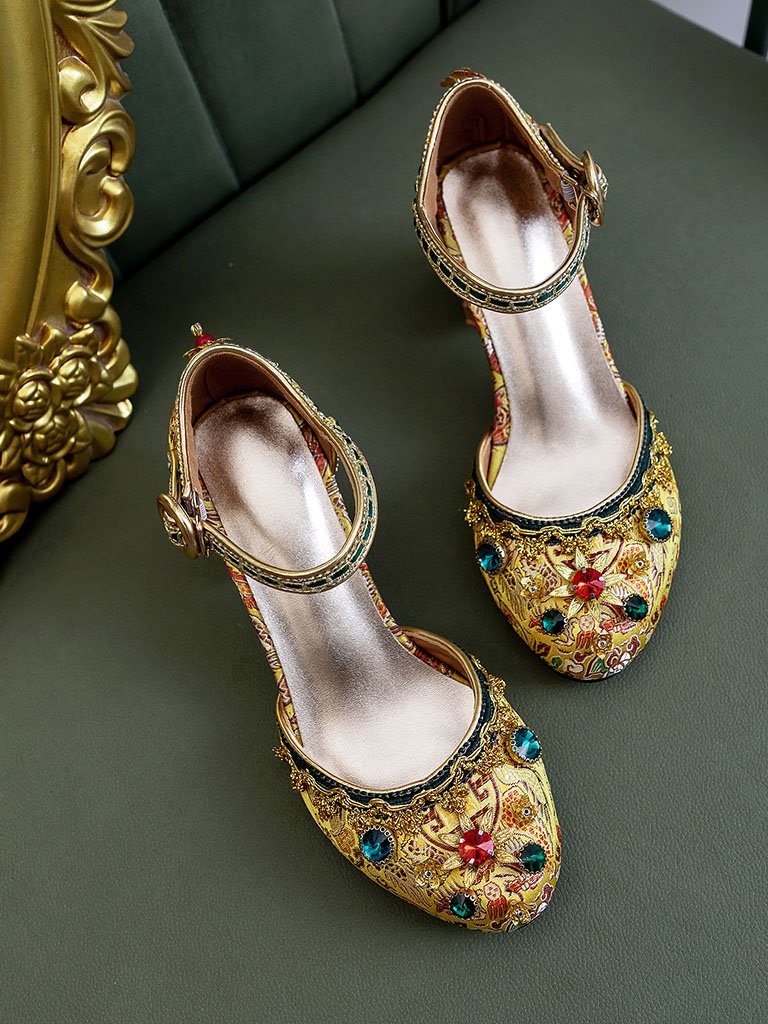Luxurious Rhinestone Embroidery Floral Block Heel Ankle Strap Vintage Shoes