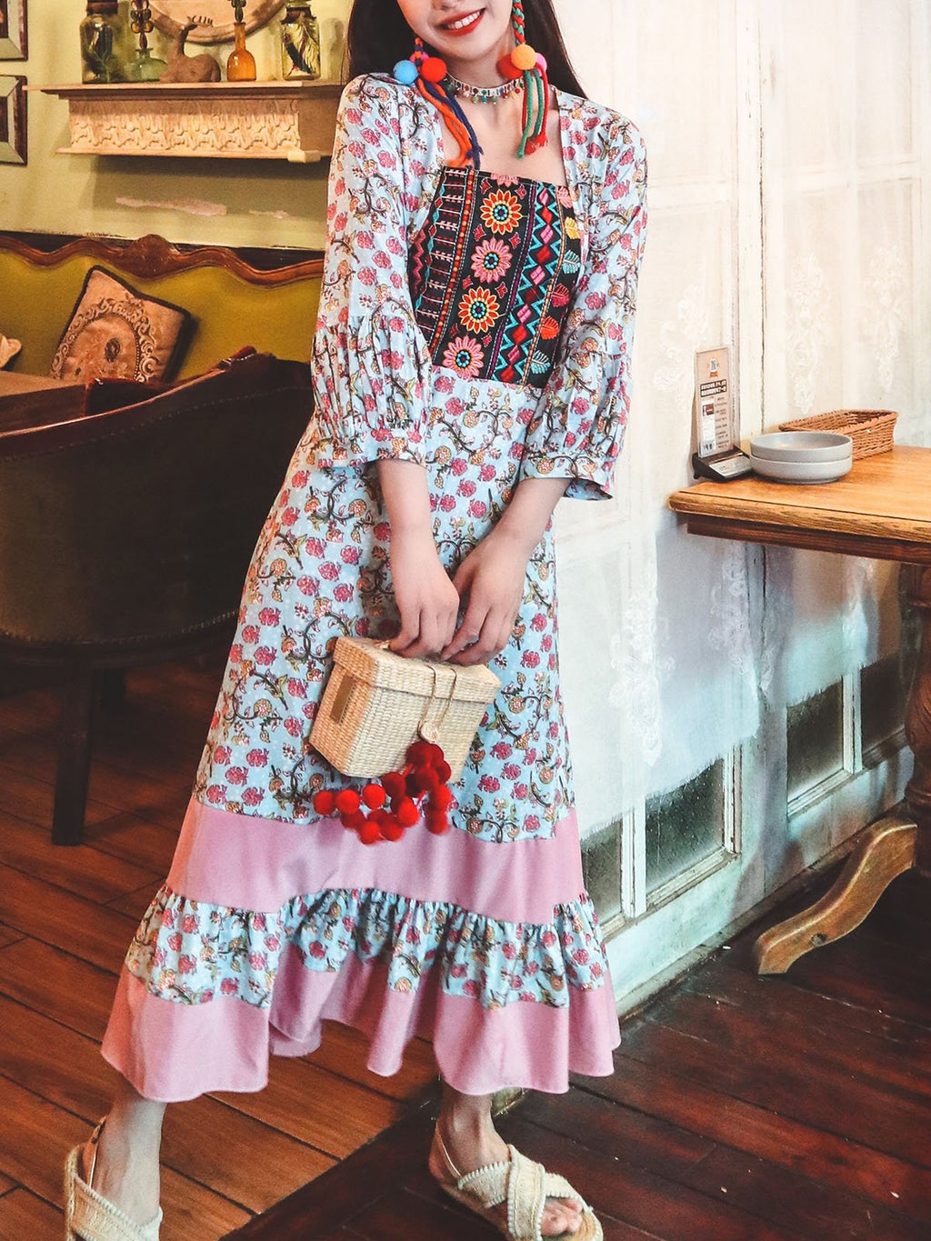Bohemian Floral Printed Embroidered Square Neck 3/4 Pleated Sleeve Boho Maxi Dress