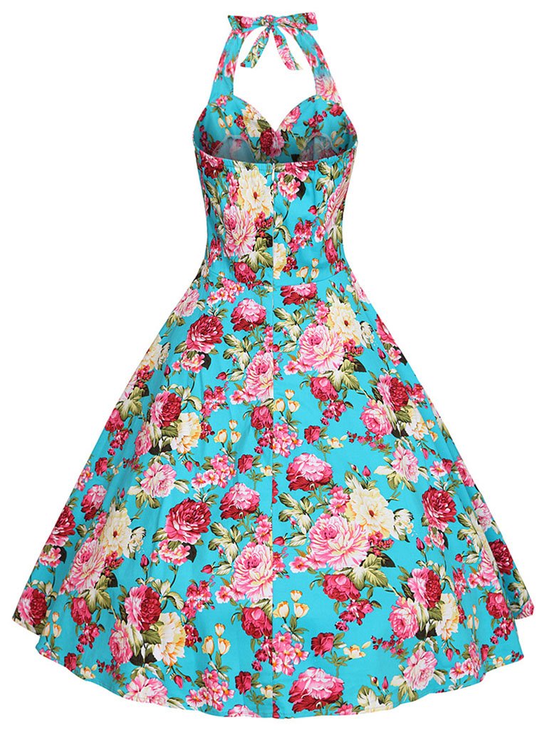 Sweet Floral Halter Cotton 50s Swing Dress