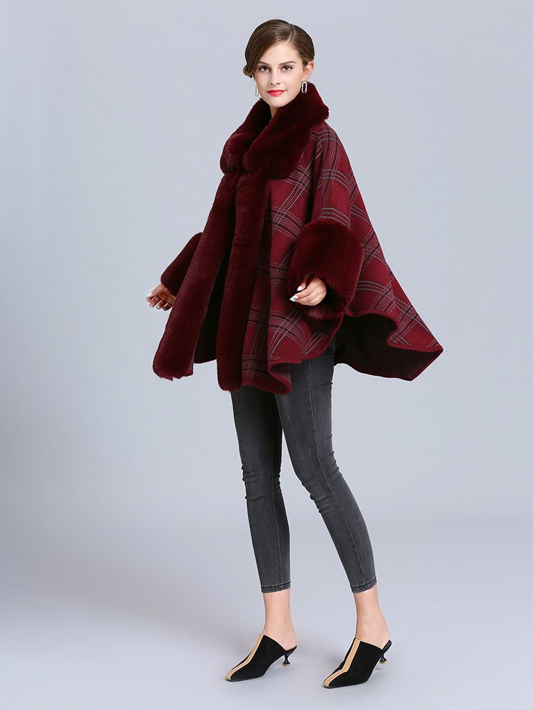 Plaid Poncho Sweater Faux Fur Coat Shawl Collar