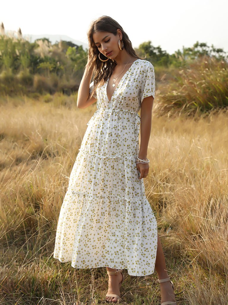Boho Dress Floral Printed Ruffle Deep V Neck  Maxi Dress