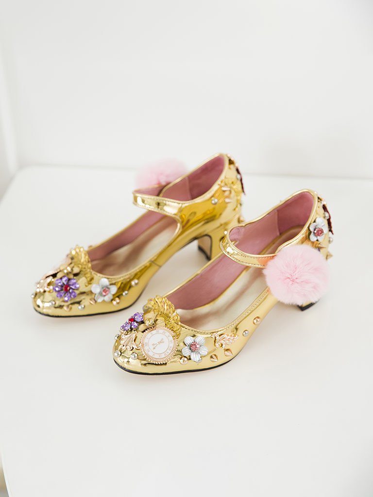 9.5CM Luxury Pompom Chunky Heels Retro Shoes