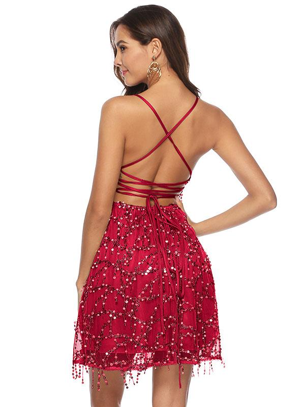 Sequin Spaghetti Strap Cross Back Party Prom Dress
