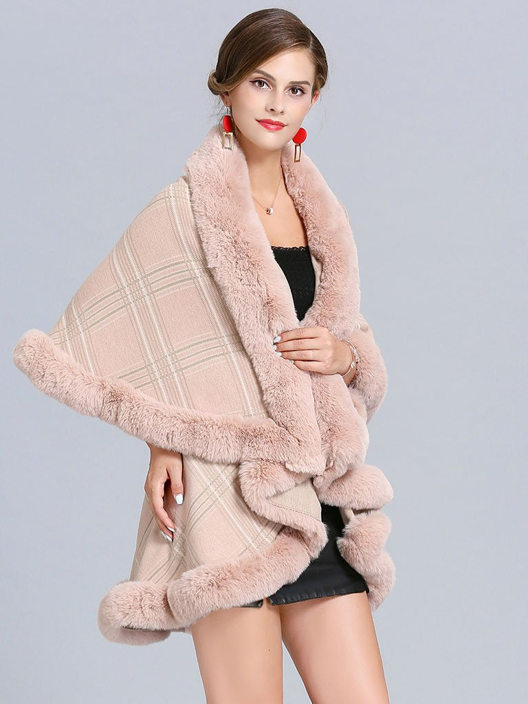 Poncho Wrap Faux Fur Collar Double Layer