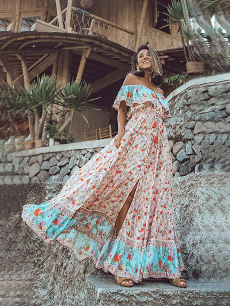 Summer Boho Dress Floral Printed V Elastic Band Collar Beach Maxi Dress