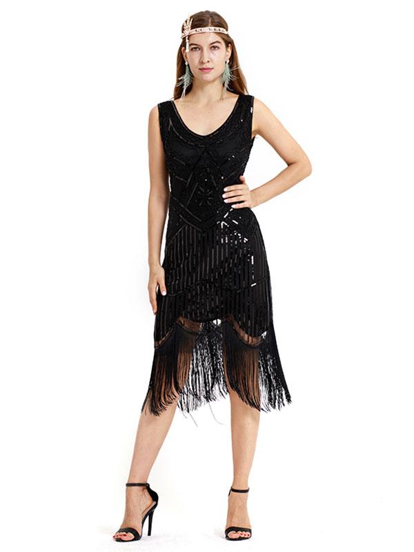 Apricot 1920s Crew Neck Sequined Fringed Flapper Dress
