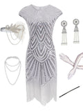 White 1920S Sequined Gatsby  Flapper Dress Set