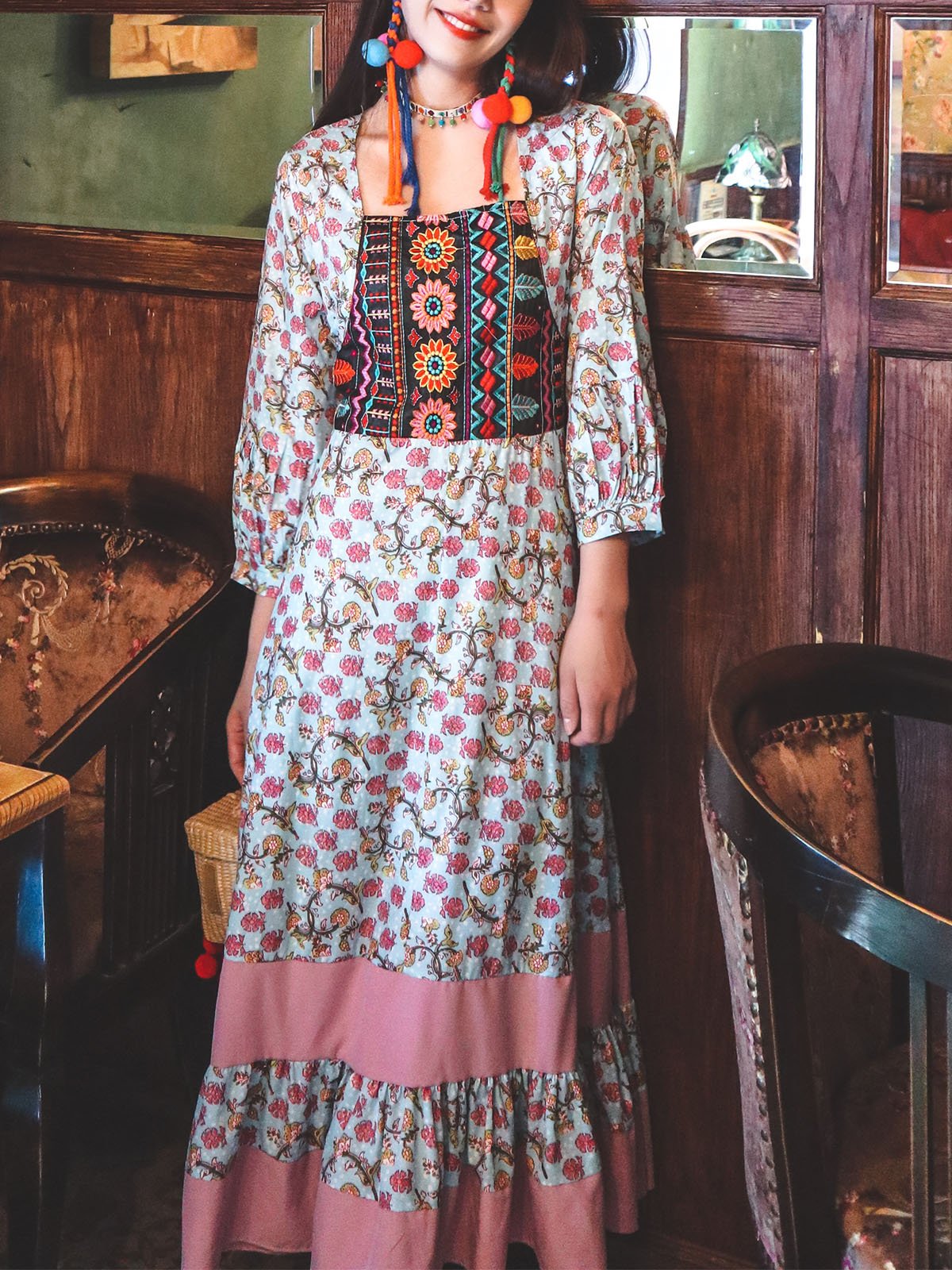 Bohemian Floral Printed Embroidered Square Neck 3/4 Pleated Sleeve Boho Maxi Dress