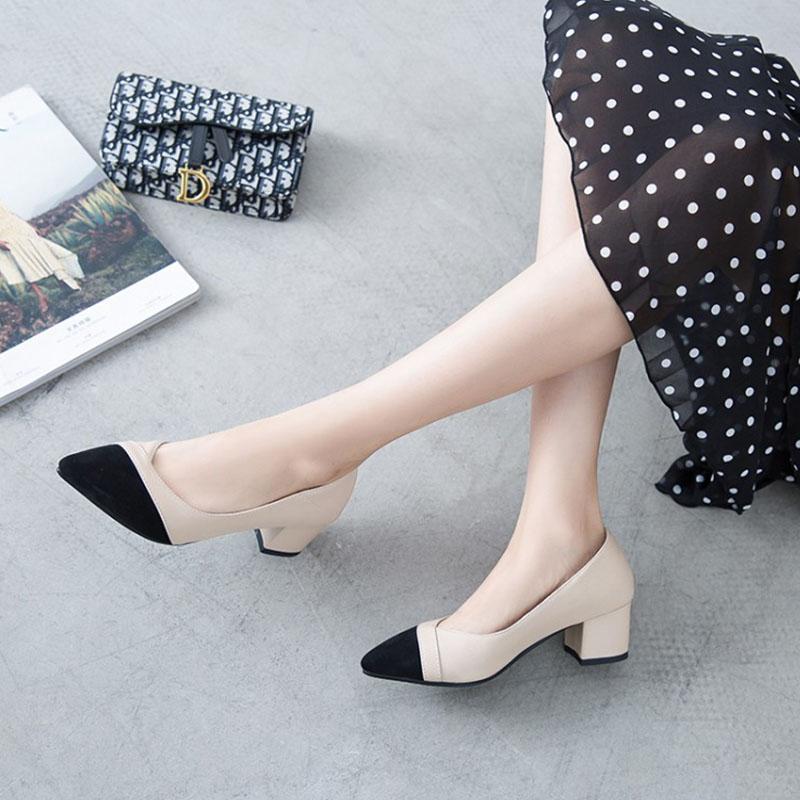 Heel Chunky Heel Pointed Cap-Toe PU Leather