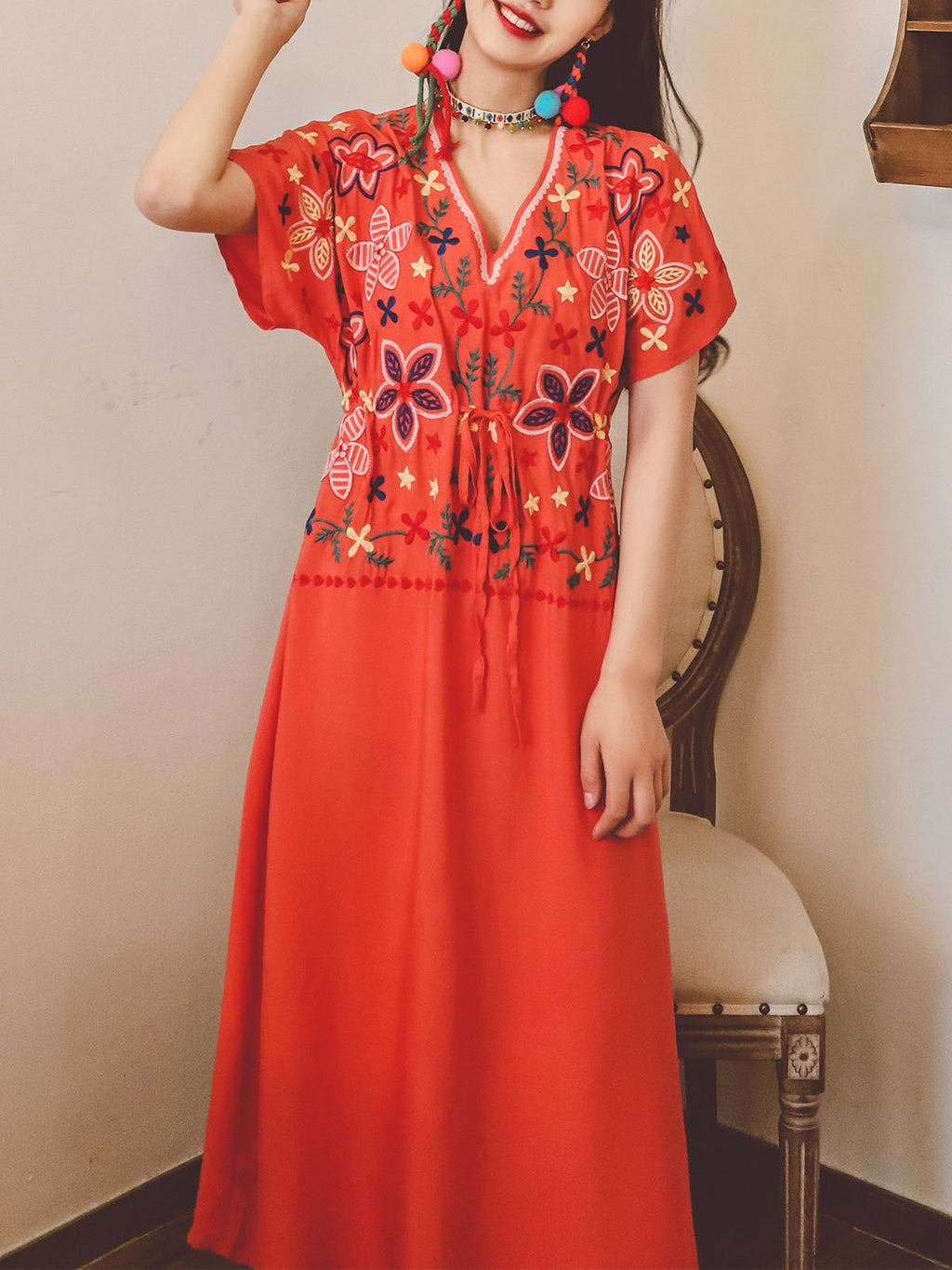Jolly Vintage Bohemian V Neck Embroidered Floral Short Sleeve Boho Dress