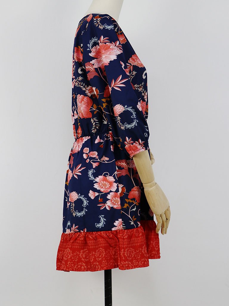 Boho Dress Floral Printed V Neck Beach Dress Half Sleeve