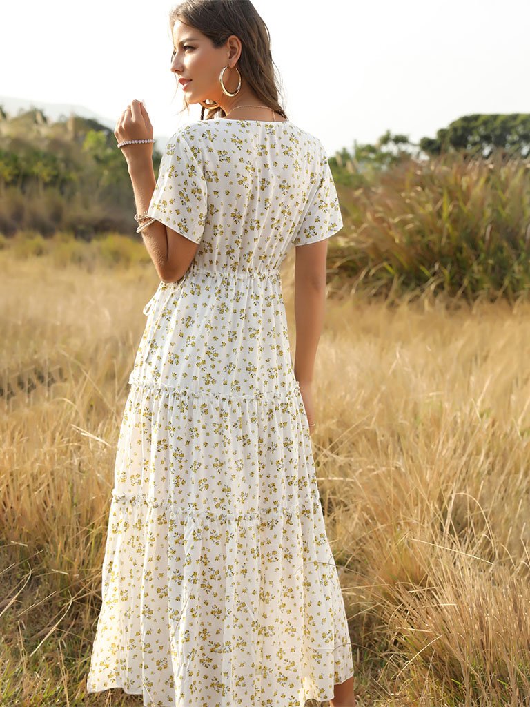 Boho Dress Floral Printed Ruffle Deep V Neck  Maxi Dress