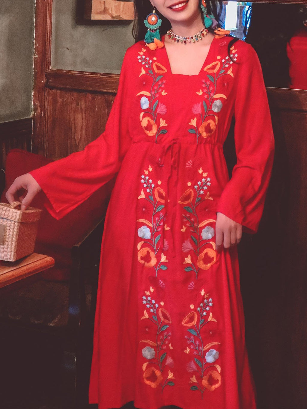Jolly Vintage Embroidered Floral Long Sleeves Square Neck Boho Dress
