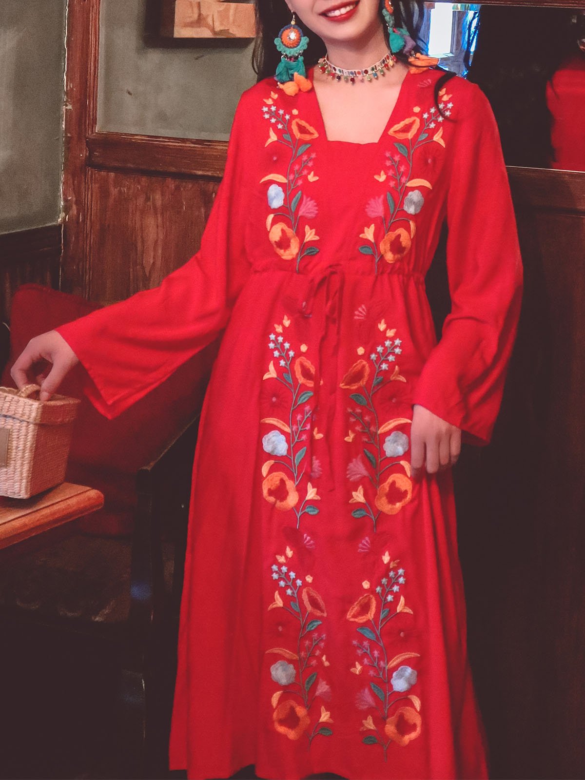 Jolly Vintage Embroidered Floral Long Sleeves Square Neck Boho Dress