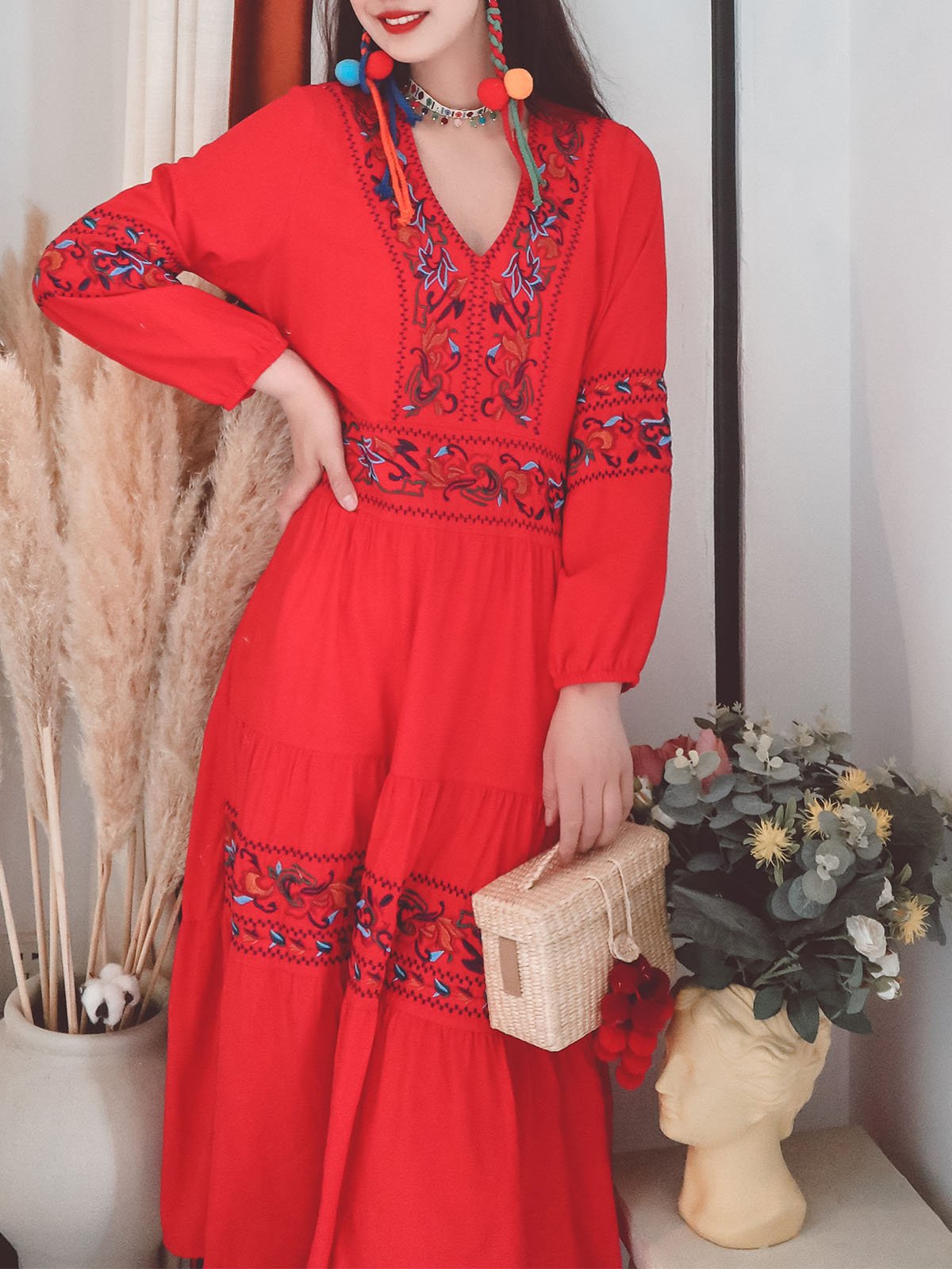 Jolly Vintage Embroidered Floral V Neck Long Sleeves Boho Maxi Cotton Dress