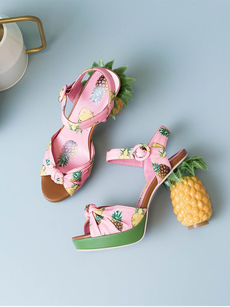 Fruit Heel Pineapple Print Platform Bow Vintage Sandals