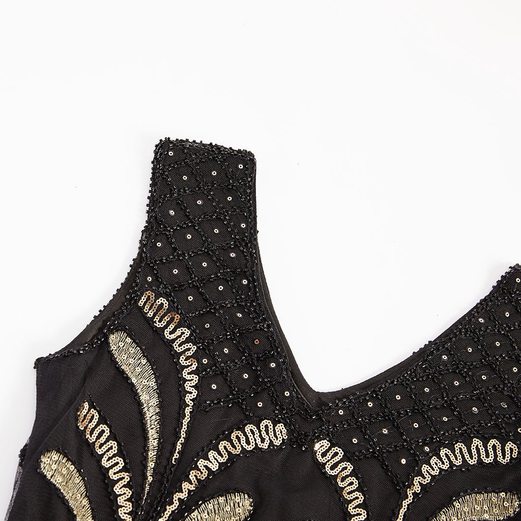 Black 1920s V Neck Sequined Flapper Dress