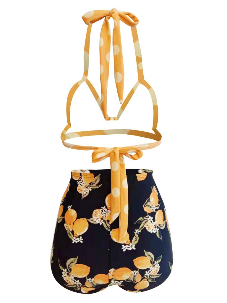 Classical Vintage Style Dots And Floral Two Pieces Bikini Sets