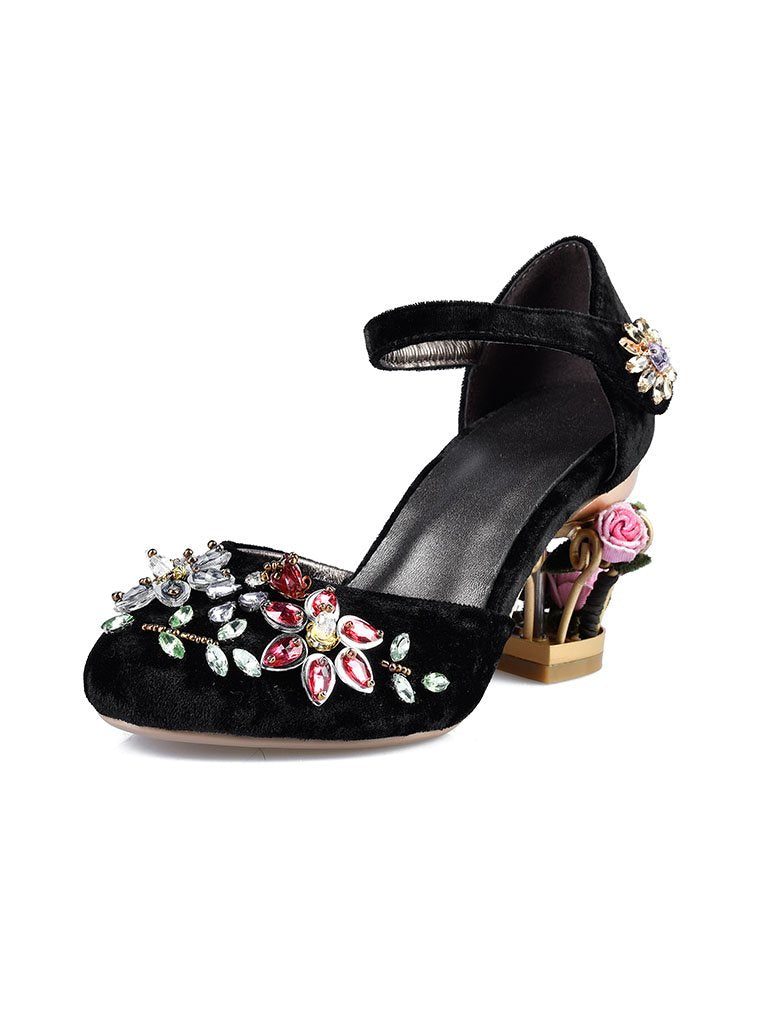 Luxury Womens Sheepskin Pointed Toe Flowers Rhinestones Mary Jane Vintage Pumps