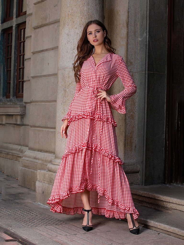 Boho Dress Red Plaid Splid Ruffles Peplum Maxi Dress Cake Dress