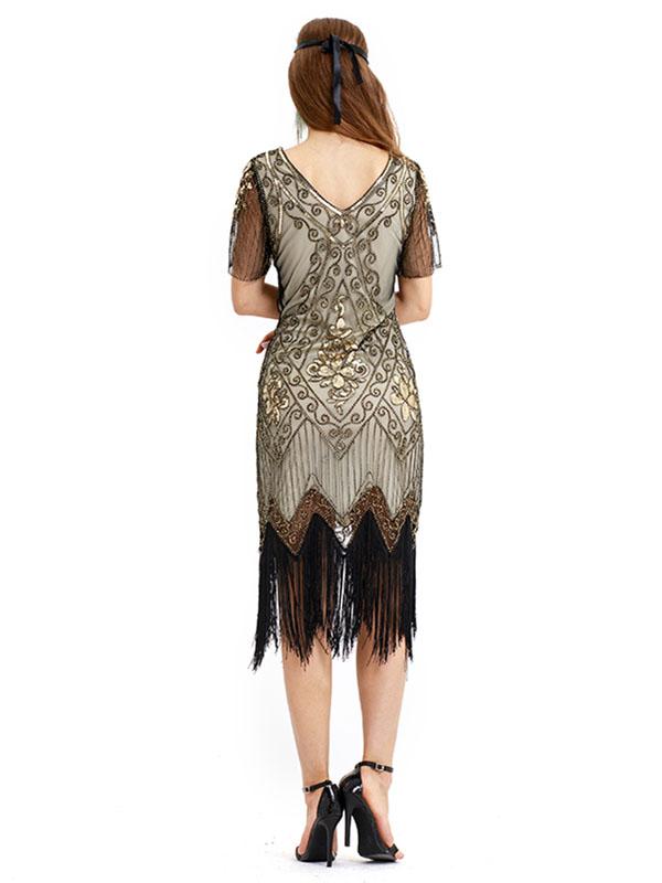 Red Gold 1920s V Neck Sequined Flapper Dress