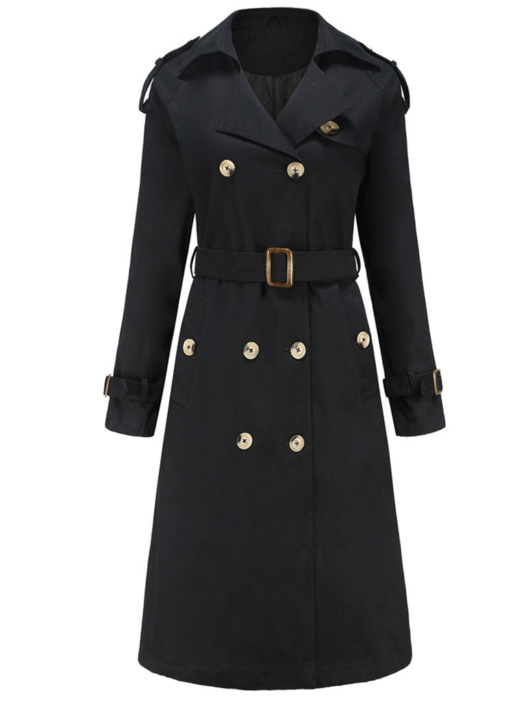 Trench Coat Going out Fall Winter Turndown Collar Button Waisted Solid Color Long Coat