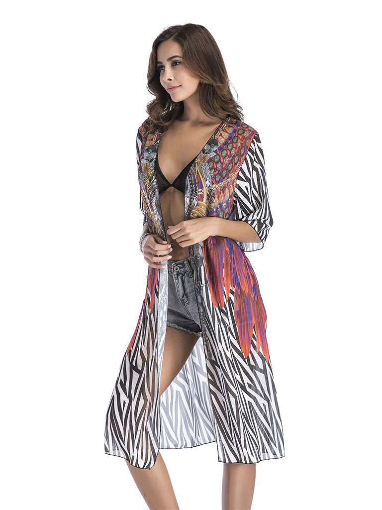 National Printed Long Kimono Cardigan Beach Tops Cover Ups
