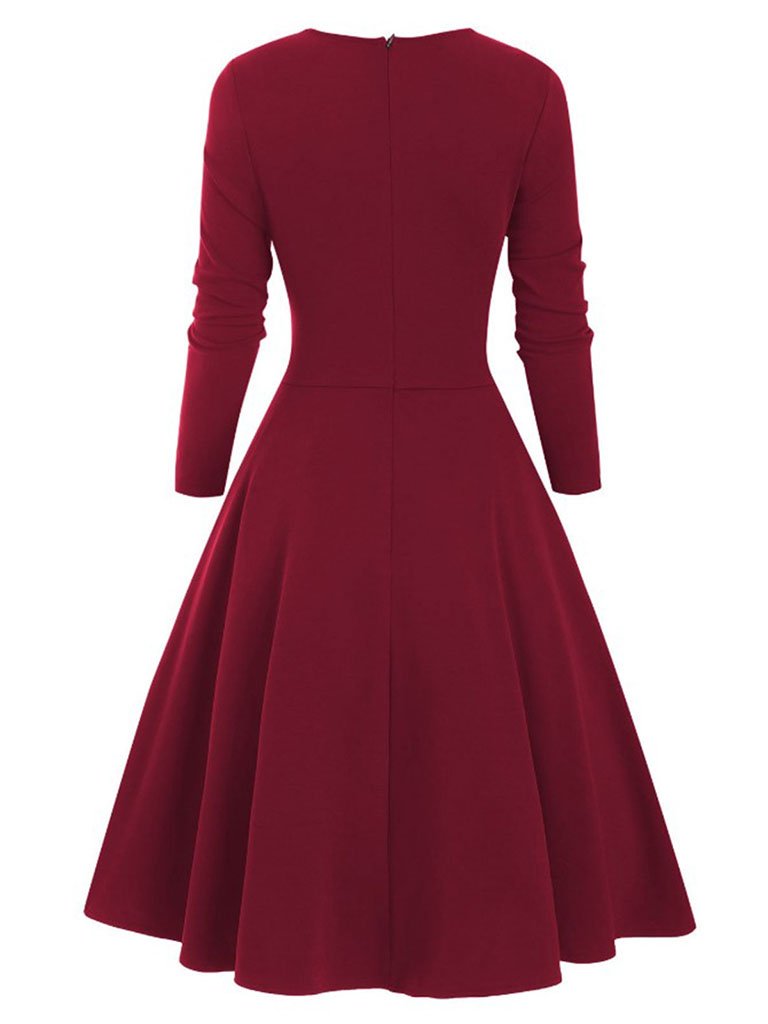 1950S Bow Heart Collar Plaid Long Sleeve Swing Dress