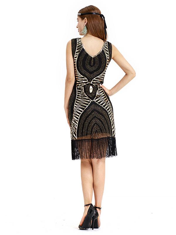 Black Gold 1920s V Neck Sequined Fringed Flapper Dress