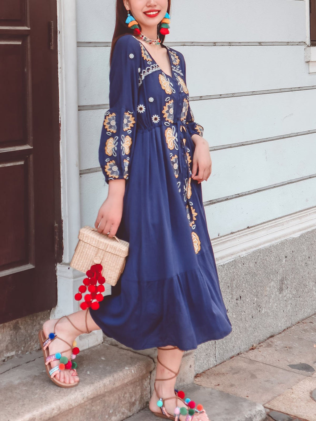 Bohemian Floral Embroidered V Neck 3/4 Sleeves Front Split Button Maxi Boho Dress