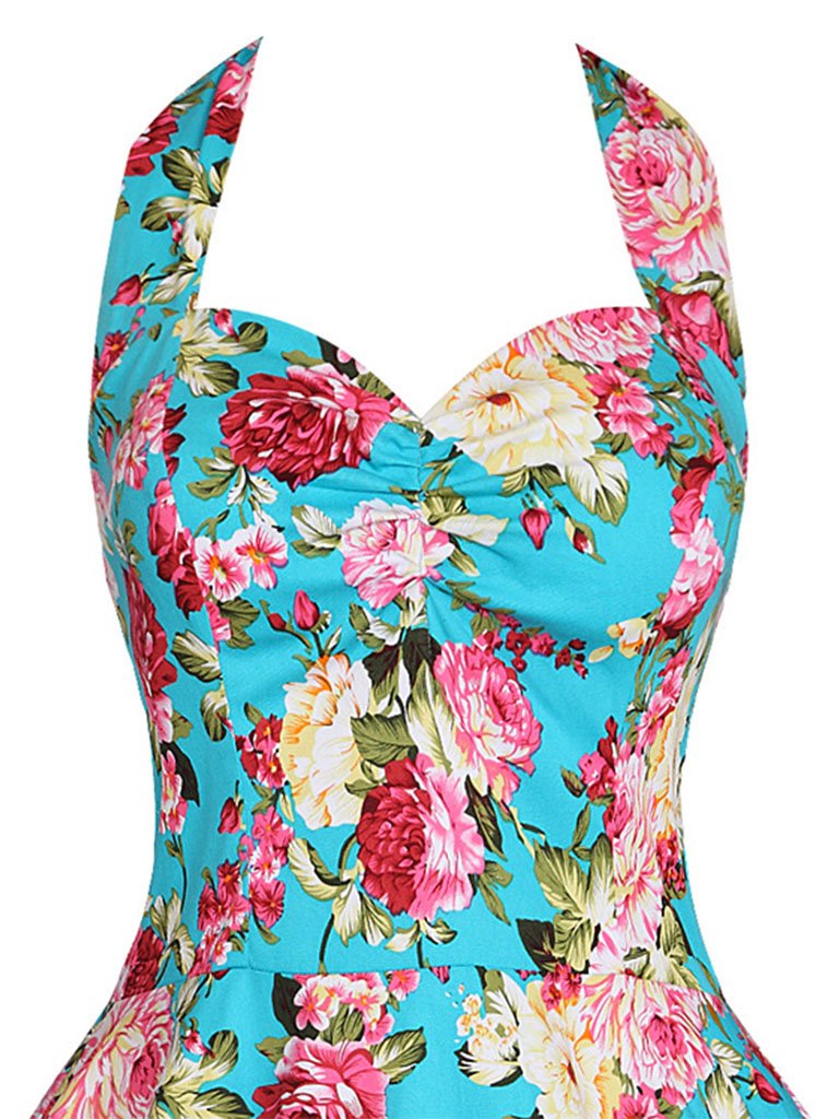 Sweet Floral Halter Cotton 50s Swing Dress