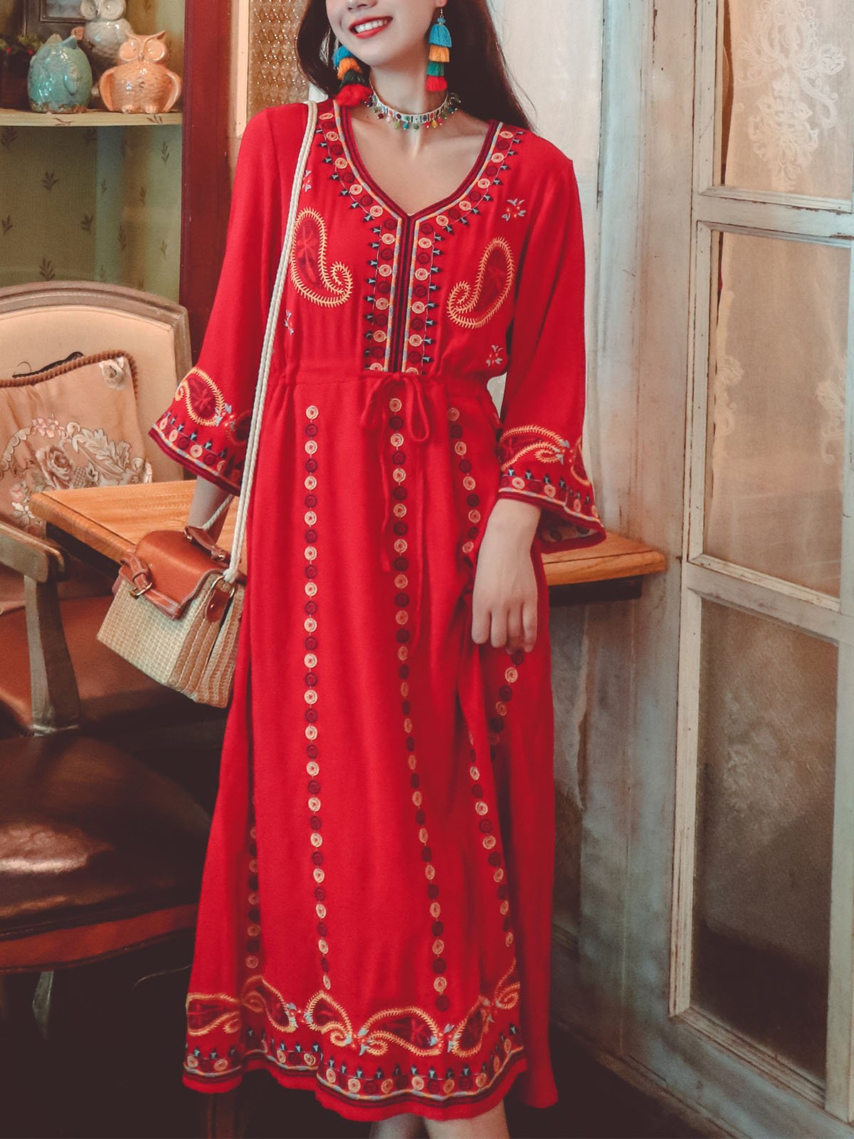 Bohemian Floral Embroidered V Neck 3/4 Flared Sleeves Boho Dress