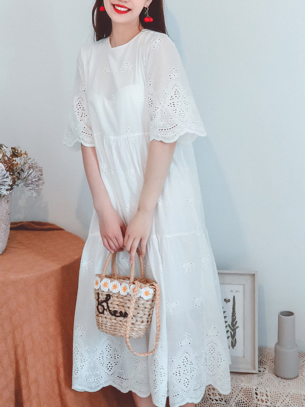 Jolly Vintage Embroidered Solid Backgrand Half Sleeves Boho Midi Dress